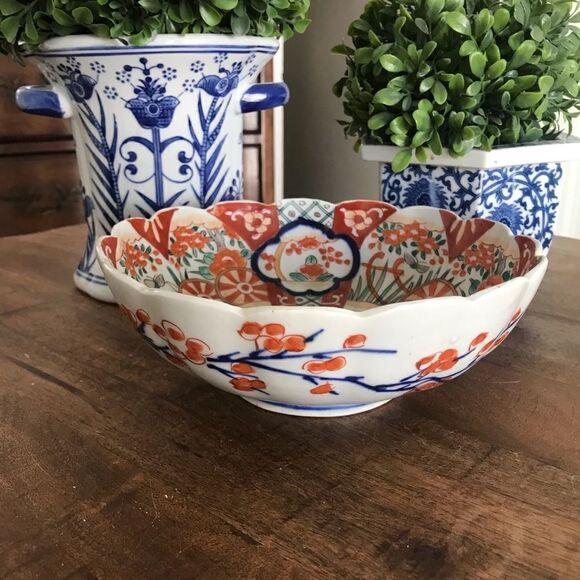 Lovely Vintage chinoiserie Asian Antique IMARI Japanese scalloped bowl 8” - Picture 4 of 5